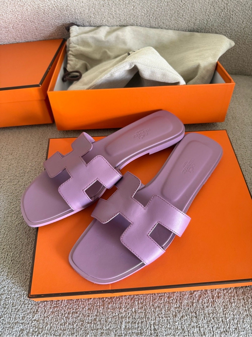 Hermes Lavender Leather Oran Slide Sandals - Women
